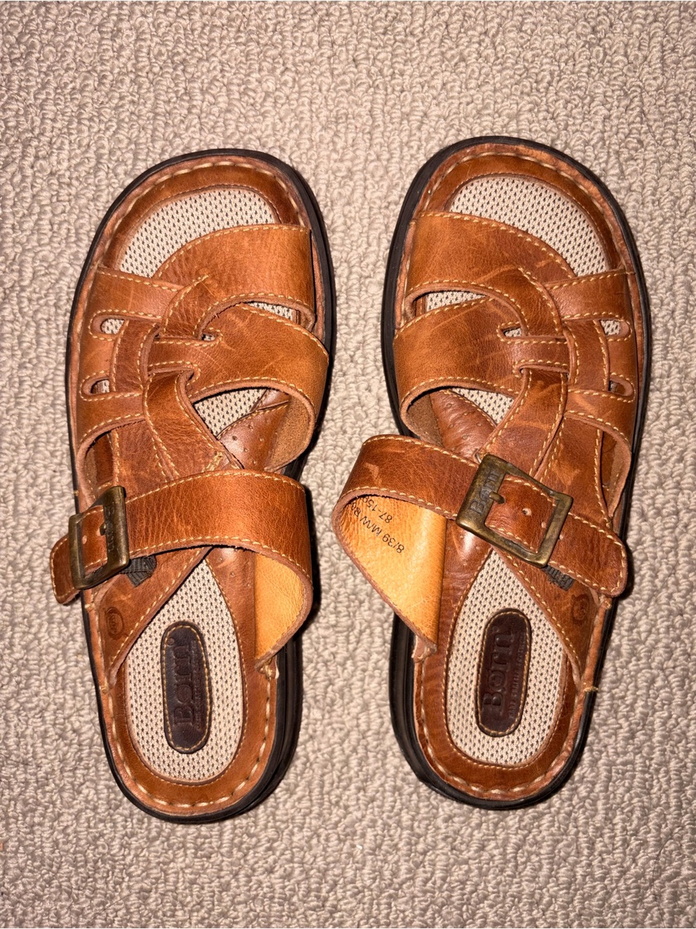 Born Cognac Brown Leather Slide Sandals with Buckle